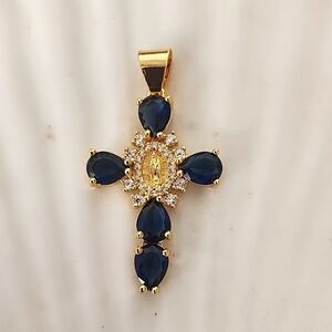 Gold Steel Cross Charm Pendant Crystal Simulated Sapphire Stones and Virgin Mary